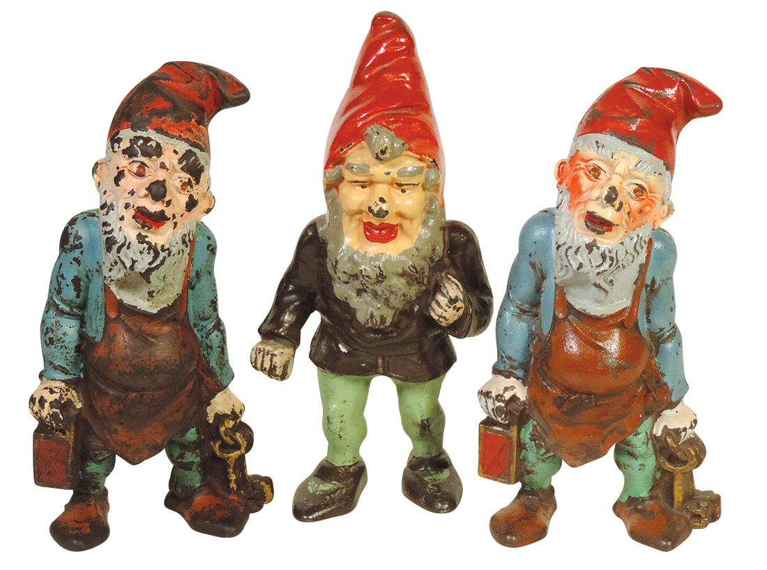 Doorstops (3), Gnome & 2 Gnomes With Keys, all cast iron in Good to VG cond, 10"H.: Doorstops (3), Gnome & 2 Gnomes With Keys, all cast iron in Good to VG cond, 10"H.