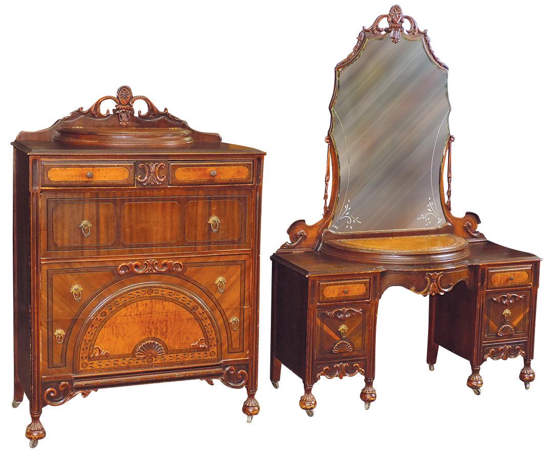 Furniture (3), Edwardian 2-tone vanity, matching chest, and bed, walnut & burled maple: Furniture (2), Edwardian 2-tone vanity, matching chest,and double bed frame, walnut & burled maple veneer w/applied carvings, probably Grand Rapids, VG cond w/orig finish, larger 72"H x 48"W x 18"D.