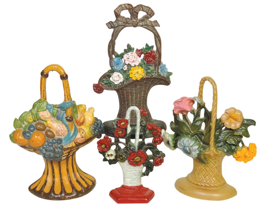 Doorstops (4), all Flower Baskets, incl Hubley w/script signature & John Wright, all cast iron in VG: Doorstops (4), all Flower Baskets, incl Hubley w/script signature & John Wright, all cast iron in VG to Exc cond, largest 10.5"H.