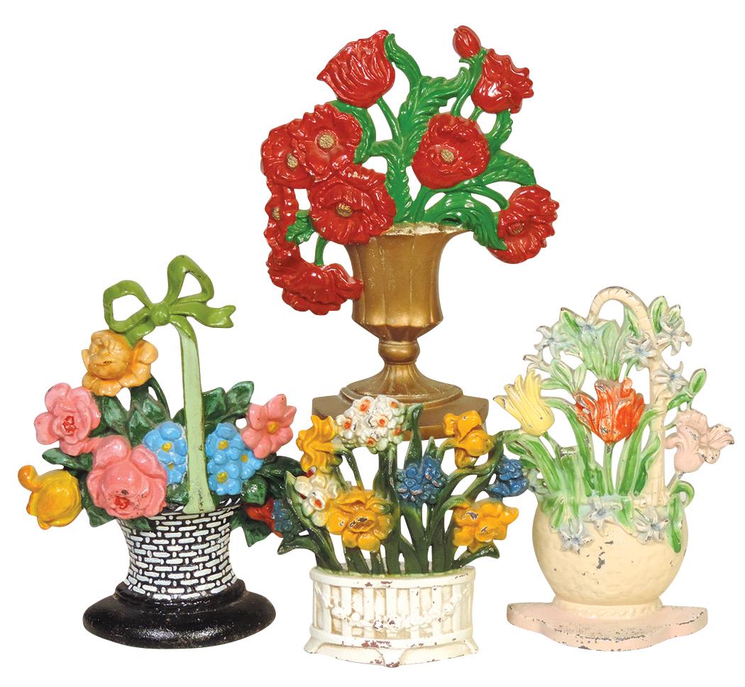 Doorstops (4), all Hubley, incl Poppy, Rose Basket, Tulip Basket & Narcissus, cast iron,: Doorstops (4), all Hubley, incl Poppy, Rose Basket, Tulip Basket & Narcissus, cast iron, 2 repainted & 2 orig, VG cond, largest 10.5"H.