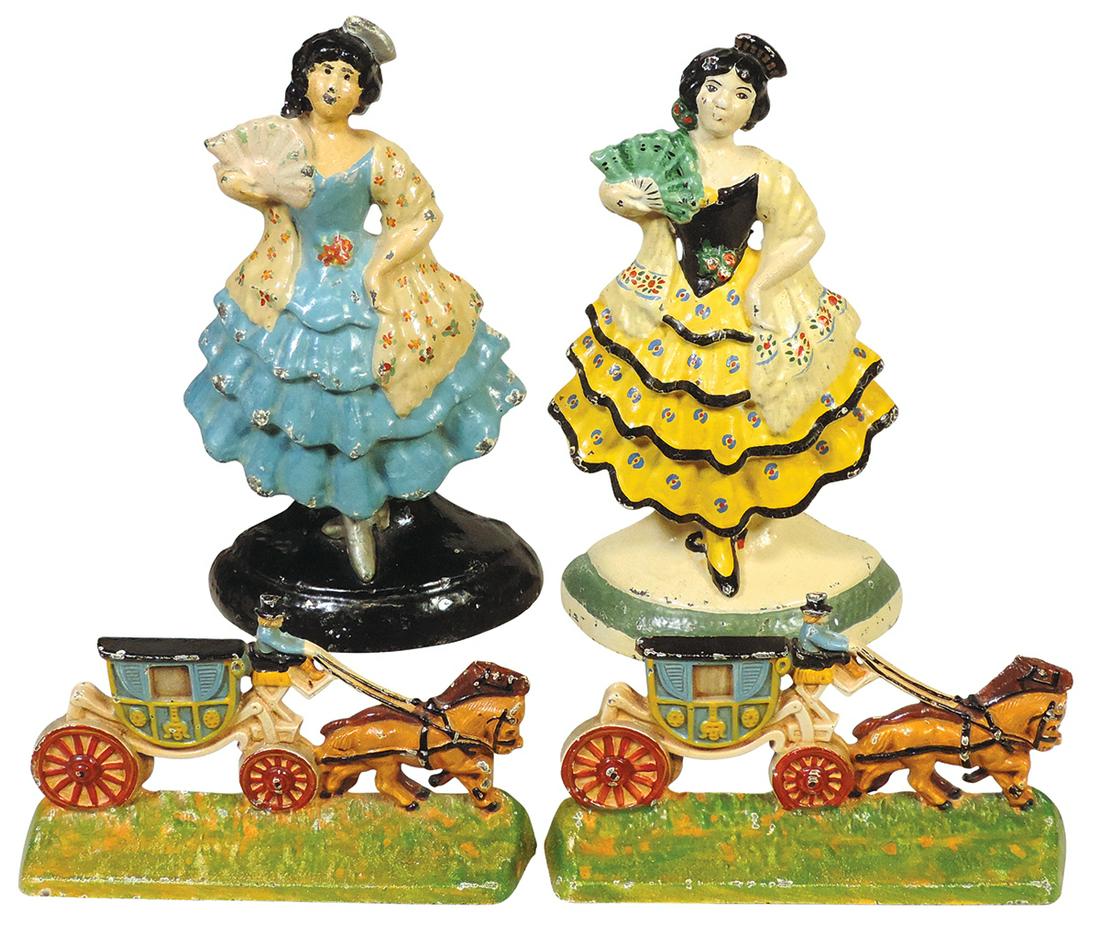 Doorstops (4), all Hubley, pr Spanish Girls & pr Coach doorstop/bookends, all cast iron in VG & Exc: Doorstops (4), all Hubley, pr Spanish Girls & pr Coach doorstop/bookends, all cast iron in VG & Exc cond, largest 9"H.