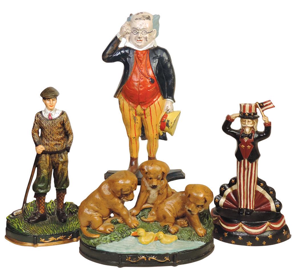 Doorstops (4), Banker w/Top Hat & contemporary 3 Puppies, Golfer & Uncle Sam, all cast iron, VG &: Doorstops (4), Banker w/Top Hat & contemporary 3 Puppies, Golfer & Uncle Sam, all cast iron, VG & Exc cond, largest 14"H.