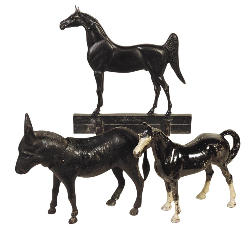 Doorstops (3), Hubley Thoroughbred, Rife-Loth King's Genius flat cast & Donkey nodder, all cast: Doorstops (3), Hubley Thoroughbred, Rife-Loth King's Genius flat cast & Donkey nodder, all cast iron, VG to Exc cond, largest 12.5"H.