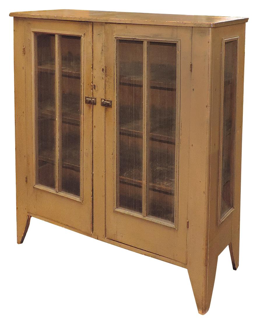 Furniture, Jelly Cupboard, pine two-door w/wire screen panels & 3 shelves, square nail joinery, old: Furniture, Jelly Cupboard, pine two-door w/wire screen panels & 3 shelves, square nail joinery, old light brown paint over orig dark brown, VG cond w/attractive wear, 51"H x 50"W x 17"D.