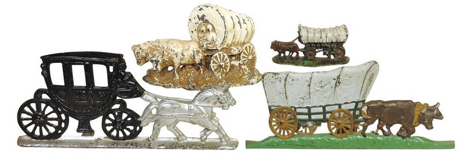 Doorstops (4), Large Oxen & Wagon, LVL Oxen & Wagon, Spanora Coach & Small Champion Hardware Co.: Doorstops (4), Large Oxen & Wagon, LVL Oxen & Wagon, Spanora Coach & Small Champion Hardware Co. covered wagon, all cast iron in Good+ to VG+ cond, largest 16"L.