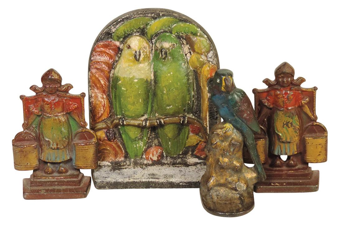 Doorstops (4), Perched Parrots by Kleistone Rubber Specialties, single cast Parrot & pr Dutch Girl: Doorstops (4), Perched Parrots by Kleistone Rubber Specialties, single cast Parrot & pr Dutch Girl doorstops/bookends, all cast iron, Good to VG+ cond, largest 8.5"H.