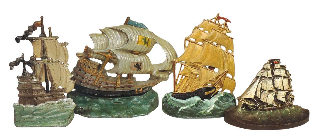 Doorstops (4), Sailing Ships: Greenblatt Studios dtd 1925, Columbus, Clipper & Galleon, all cast: Doorstops (4), Sailing Ships: Greenblatt Studios dtd 1925, Columbus, Clipper & Galleon, all cast iron w/orig paint, Good to Exc cond, largest 9"H.