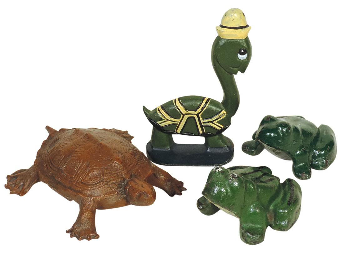 Doorstops (4), Wilton Turtle w/bronzed finish, 2 Frogs & later Longneck Turtle, cast iron in VG to: Doorstops (4), Wilton Turtle w/bronzed finish, 2 Frogs & later Longneck Turtle, cast iron in VG to Exc cond, largest 8"H.