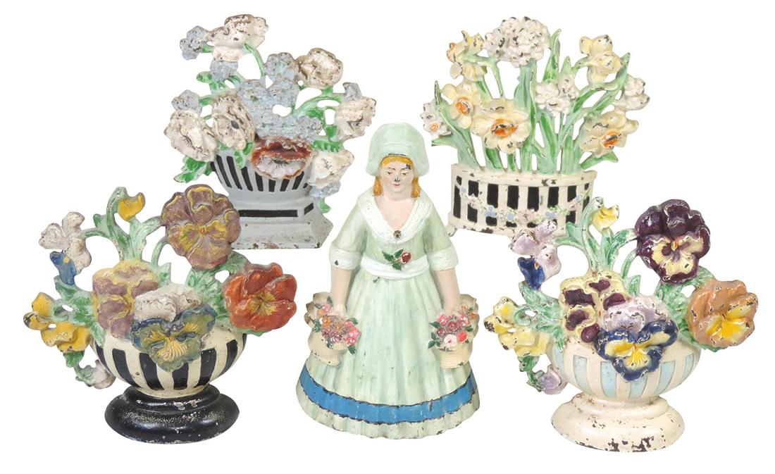 Doorstops (5), 4 Hubley Urns: 2 Pansies, Poppies & Cornflower, Narcissus & Girl w/Baskets of: Doorstops (5), 4 Hubley Urns: 2 Pansies, Poppies & Cornflower, Narcissus & Girl w/Baskets of Flowers, all cast iron w/orig paint, VG to Exc cond, largest 8.5"H.