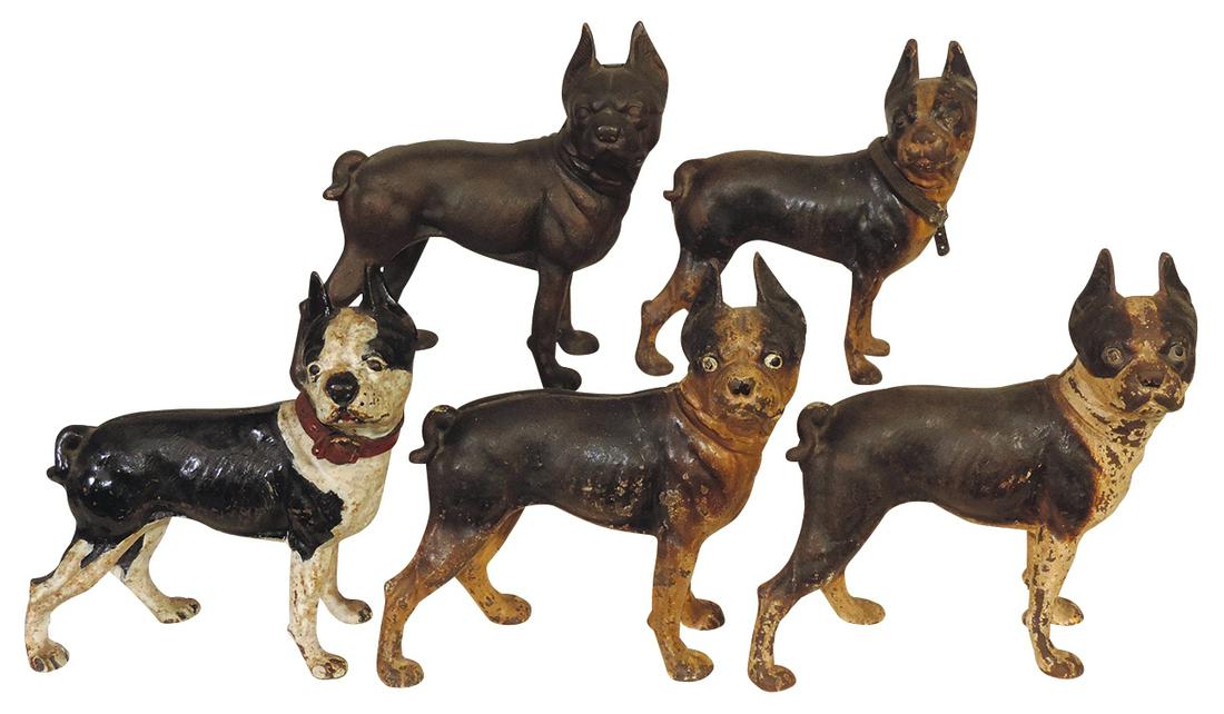 Doorstops (5), Bulldogs, cast iron w/painted finishes by Hubley, various cond, largest 10.25"H.: Doorstops (5), Bulldogs, cast iron w/painted finishes by Hubley, various cond, largest 10.25"H.