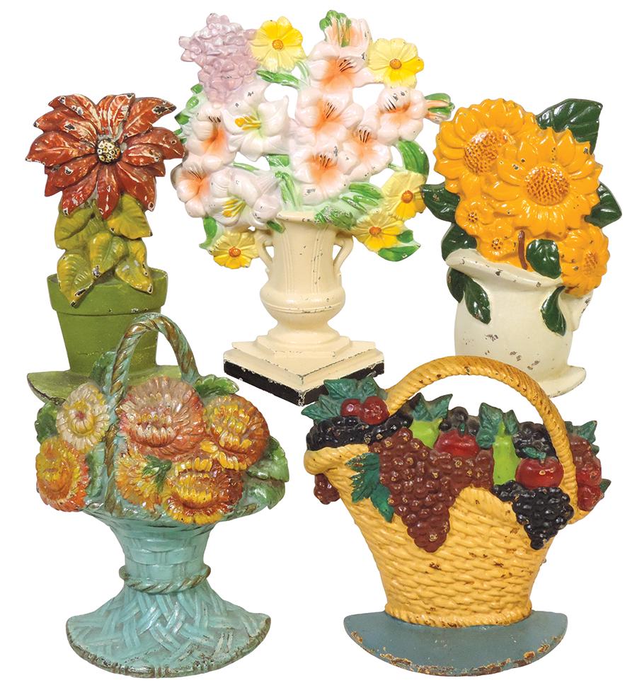 Doorstops (5), Fruit Basket, Poinsettia & Hubley Gladiolus, cast iron, VG to Exc cond, largest 10"H.: Doorstops (5), Fruit Basket, Poinsettia & Hubley Gladiolus, cast iron, VG to Exc cond, largest 10"H.