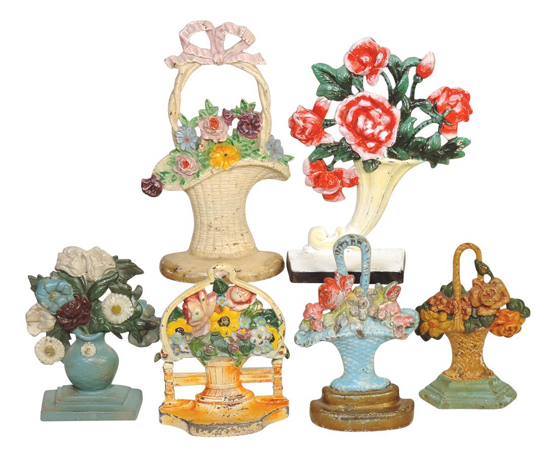 Doorstops (6), all Hubley: Rose Vase, French Basket, Basket of Flowers, Flower Basket & Poppies &: Doorstops (6), all Hubley: Rose Vase, French Basket, Basket of Flowers, Flower Basket & Poppies & Daisies, cast iron w/1 repaint, most VG cond, largest 11"H.