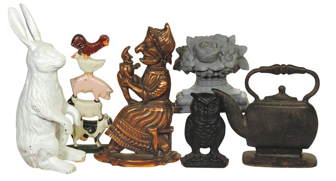 Doorstops (6), Large Teapot, Rabbit, Punch & Judy, Owl, Flowers & Farm Animal wedge, cast iron, most: Doorstops (6), Large Teapot, Rabbit, Punch & Judy, Owl, Flowers & Farm Animal wedge, cast iron, most VG or VG+ cond, largest 14"H.