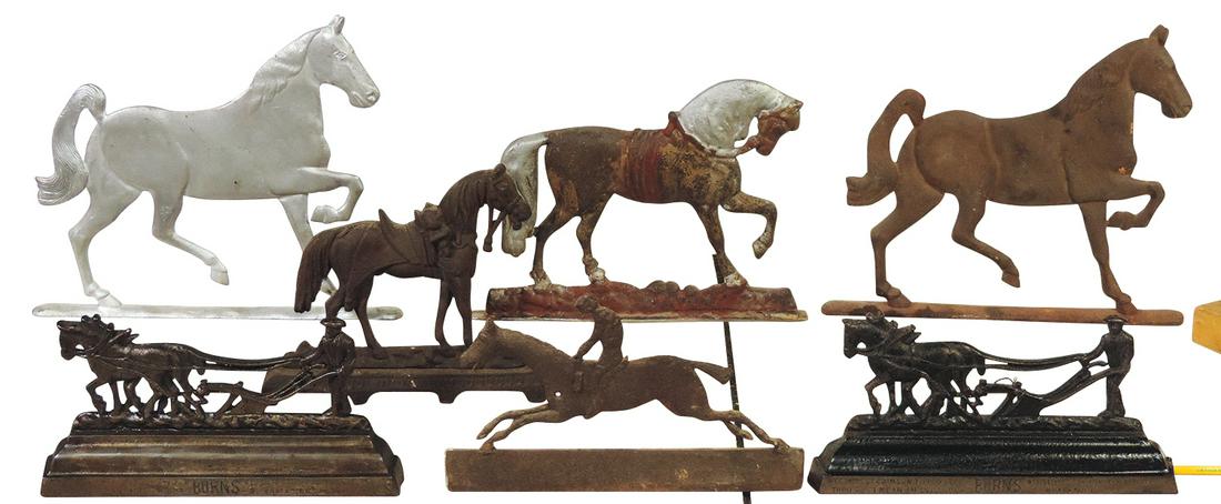 Doorstops (7), Horses: 2 Burns, early Jockey on later bar, 2 diff saddle horses & matching pair of: Doorstops (7), Horses: 2 Burns, early Jockey on later bar, 2 diff saddle horses & matching pair of large horses, 1 iron, 1 aluminum, Good+ to Exc cond, largest 10"H.