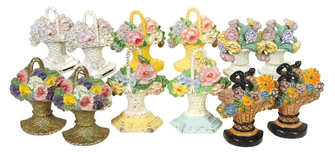 Doorstops/Bookends (12), 6 matching pr Flower Baskets by Hubley & Waverly Studios, all cast iron, VG: Doorstops/Bookends (12), 6 matching pr Flower Baskets by Hubley & Waverly Studios, all cast iron, VG to Exc cond, largest 7.25"H.