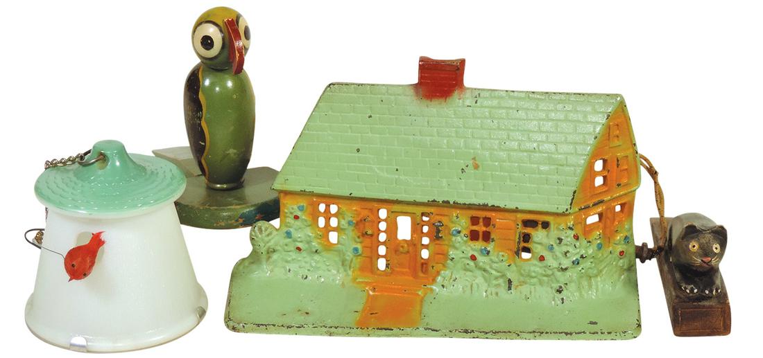 Doorstops & Novelties (4), polychrome cast iron Cottage w/light attachment, whimsical wood Parrot: Doorstops & Novelties (4), polychrome cast iron Cottage w/light attachment, whimsical wood Parrot wedge, folk art carved Mouse wedge & milk glass Birdhouse, VG cond, largest 12"L.