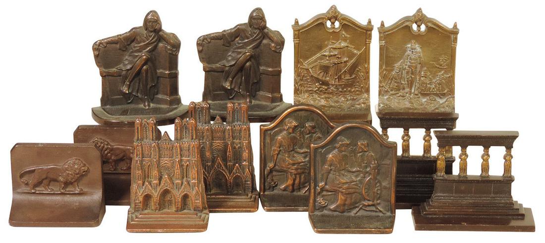 Bookends (6 pr), 3 pr B&H: Lion, Greek Columns & Sailing Ship; Alighieri Dante 1930, Alden &: Bookends (6 pr), 3 pr B&H: Lion, Greek Columns & Sailing Ship; Alighieri Dante 1930, Alden & Priscilla 1938 by Connecticut Foundry & Notre Dame by Verona, VG cond w/normal wear, largest 6"H.