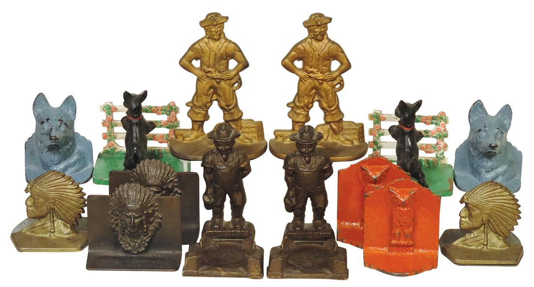 Bookends (7 pr), Hubley: Scottie at Fence, Farmer w/bucket, Buccaneer, German Shepherd, Owl & 2 diff: Bookends (7 pr), Hubley: Scottie at Fence, Farmer w/bucket, Buccaneer, German Shepherd, Owl & 2 diff Indian heads, cast iron, VG to VG+ cond, largest 6.75"H.