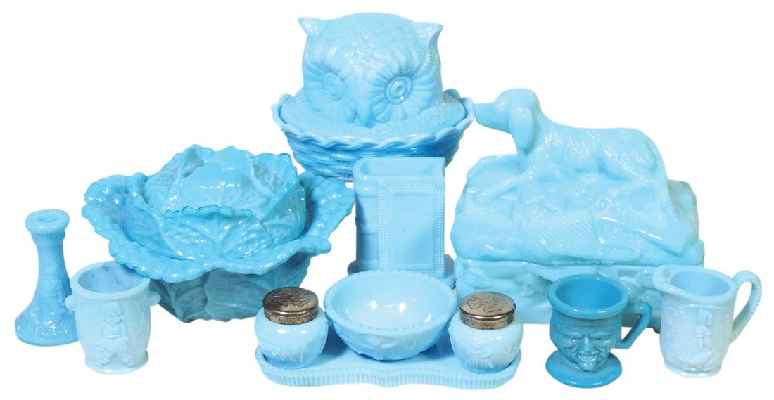 Glassware (12), all blue milk glass, covered Hunting Dog, Cabbage, Owl on Nest, 7-pc set w/embossed: Glassware (12), all blue milk glass, covered Hunting Dog, Cabbage, Owl on Nest, 7-pc set w/embossed children pattern, 2-face mug & book match holder, Exc cond, largest 5"H.