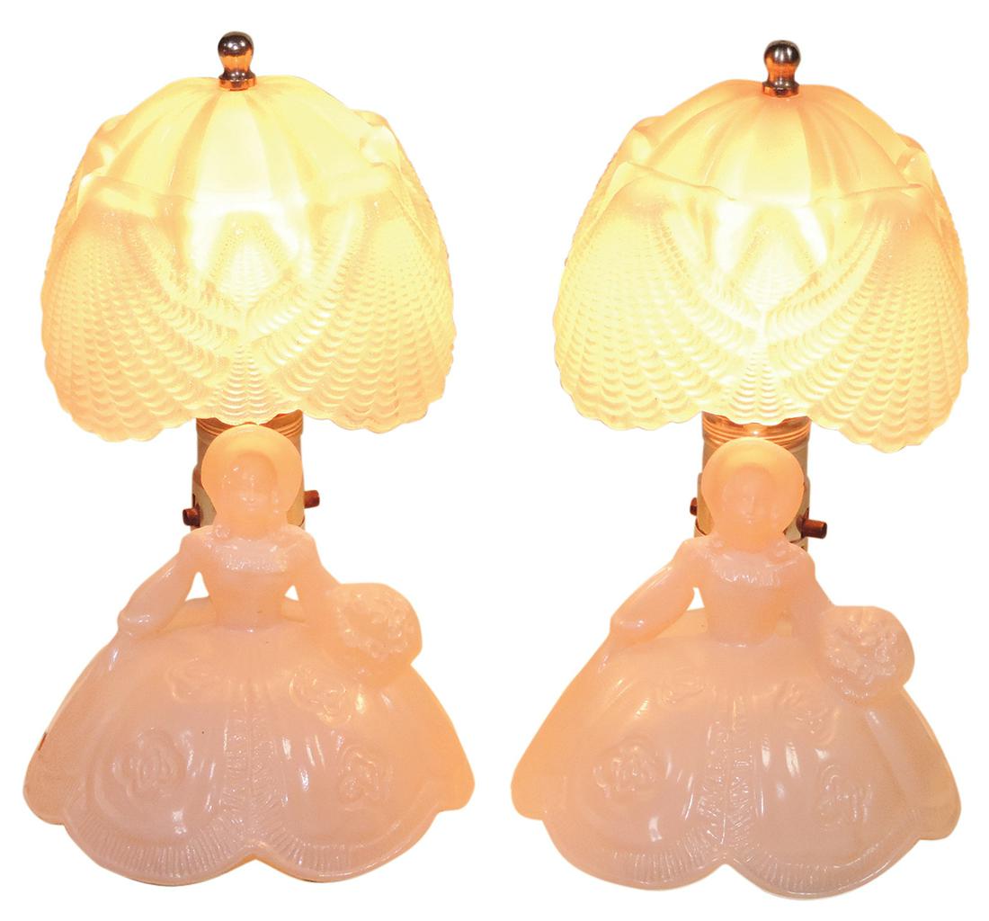 Lighting (2), Figural Boudoir Lamps, Southern Belle in pink glass w/matching clamshell shades, mfgd: Lighting (2), Figural Boudoir Lamps, Southern Belle in pink glass w/matching clamshell shades, mfgd by L.G. Wright, Exc working cond, 10"H.