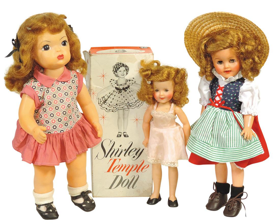 Dolls (3), Character vinyl Ideal Shirley Temple (Exc in box w/tears), larger Ideal Shirley Temple: Dolls (3), Character vinyl Ideal Shirley Temple (Exc in box w/tears), larger Ideal Shirley Temple w/straw hat & plastic Teri-Lee (early Apple Valley), Exc cond, largest 15"H.