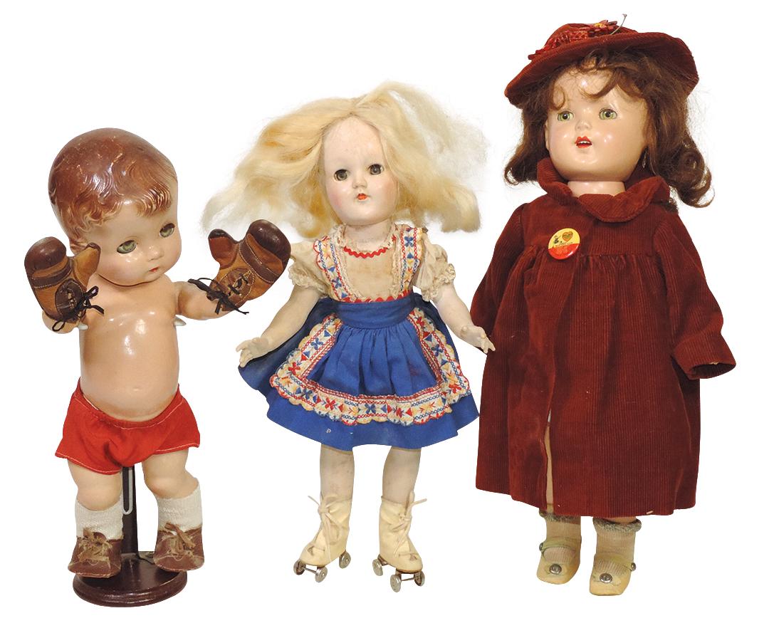 Dolls (3), composition Effanbee Boy Boxer & Mary Lee, plus Ideal Roller Skater, Good+ to Exc cond,: Dolls (3), composition Effanbee Boy Boxer & Mary Lee, plus Ideal Roller Skater, Good+ to Exc cond, largest 16"H.