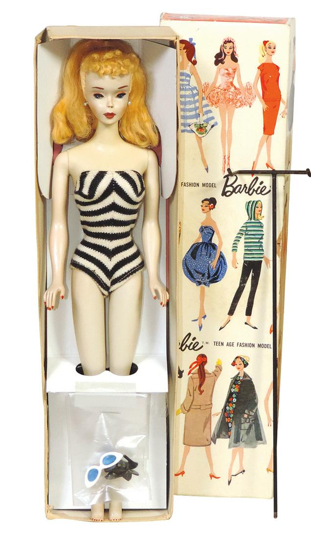 Doll, Barbie #3 Blonde w/pedestal stand, blue sunglasses, shoes & booklet, skin color faded, Near: Doll, Barbie #3 Blonde w/pedestal stand, blue sunglasses, shoes & booklet, skin color faded, Near Mint cond w/box, 11.5"H.
