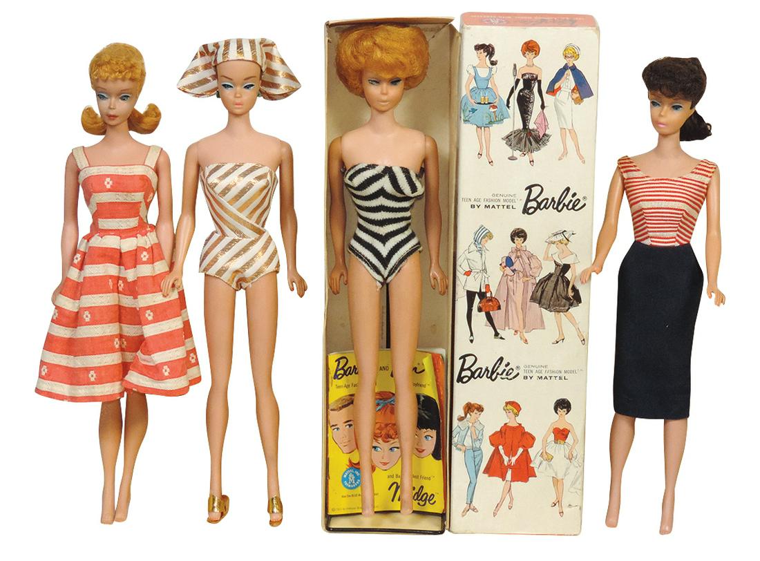Dolls (4), Barbie 870 Fashion Queen, #4 Blonde Ponytail, #6 Brunette Ponytail & Midge Blonde Bubble: Dolls (4), Barbie 870 Fashion Queen, #4 Blonde Ponytail, #6 Brunette Ponytail & Midge Blonde Bubble Cut in box, VG to Exc cond, the 1st w/ear stains, 11.5"H.
