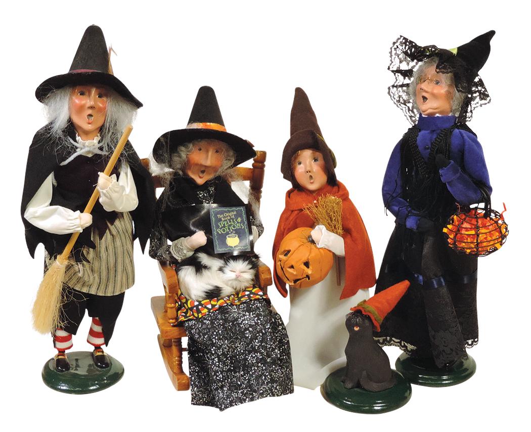 Dolls (5), Byers Choice Carolers: Halloween figures incl Witches, Trick or Treaters & Black Cat: Dolls (5), Byers Choice Carolers: Halloween figures incl Witches, Trick or Treaters & Black Cat (chip on ear), VG to Exc cond, largest 13"H.