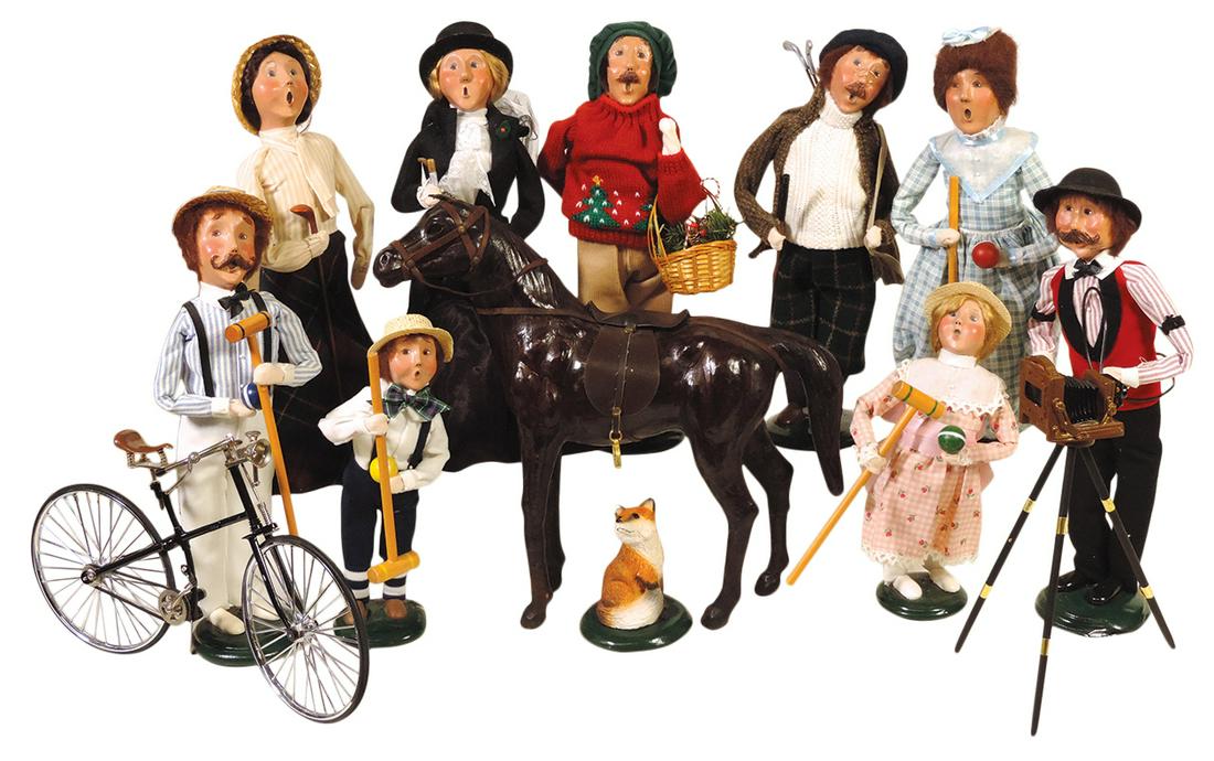 Dolls & Accessories (13), Byers Choice Carolers: Lady Equestrian & Horse, 4 Croquet players,: Dolls & Accessories (13), Byers Choice Carolers: Lady Equestrian & Horse, 4 Croquet players, Photographer w/Camera, Christmas Man w/Basket of Greens, Fox, 2 Golfers & Bicycle, various dates & series, 