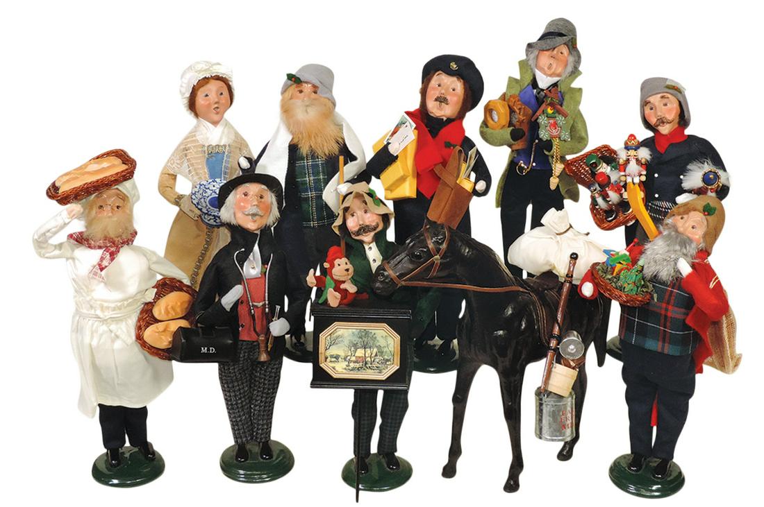 Dolls (10), Byers Choice Carolers: Nutcracker seller, Clockmaker, Postman, Doctor, Baker, Organ: Dolls (10), Byers Choice Carolers: Nutcracker seller, Clockmaker, Postman, Doctor, Baker, Organ Grinder & others, various dates & series, VG to Exc cond, largest 13"H.