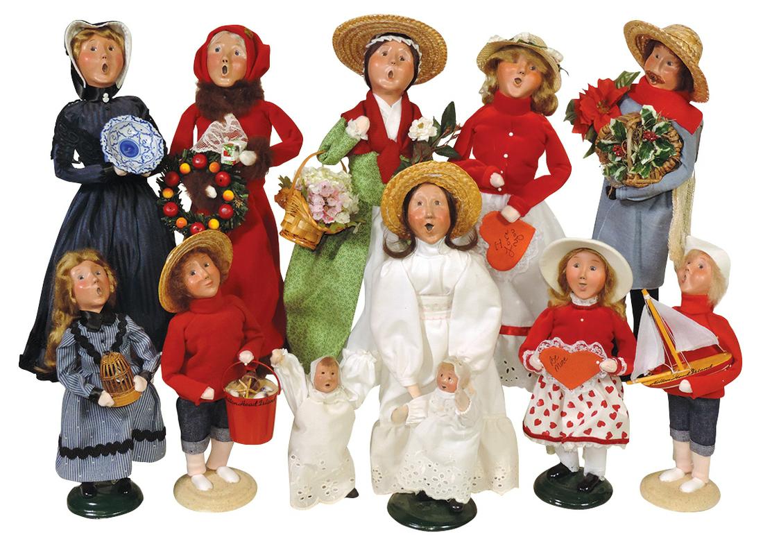 Dolls (12), Byers Choice Carolers: Christmas, Valentines, Williamsburg Gardener & others, various: Dolls (12), Byers Choice Carolers: Christmas, Valentines, Williamsburg Gardener & others, various dates & series, VG to Exc cond, largest 13"H.