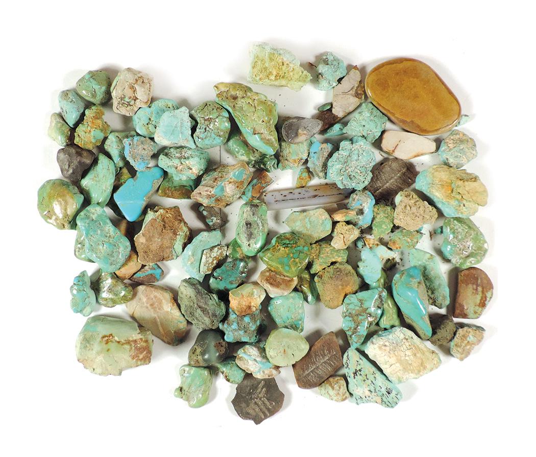 Southwest Turquoise, 3.26 lbs mostly rough stones from variety of mines w/a few polished examples,: Southwest Turquoise, 3.26 lbs mostly rough stones from variety of mines w/a few polished examples, some fossils, agate & opal, largest 3"L.
