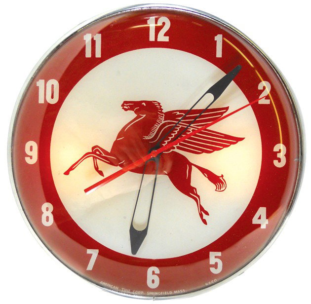 Mobil Oil Pegasus light-up clock, mfgd by American: Mobil Oil Pegasus light-up clock, mfgd by American Time Corp.-Springfield, Mass., Exc working cond, 15"Dia.