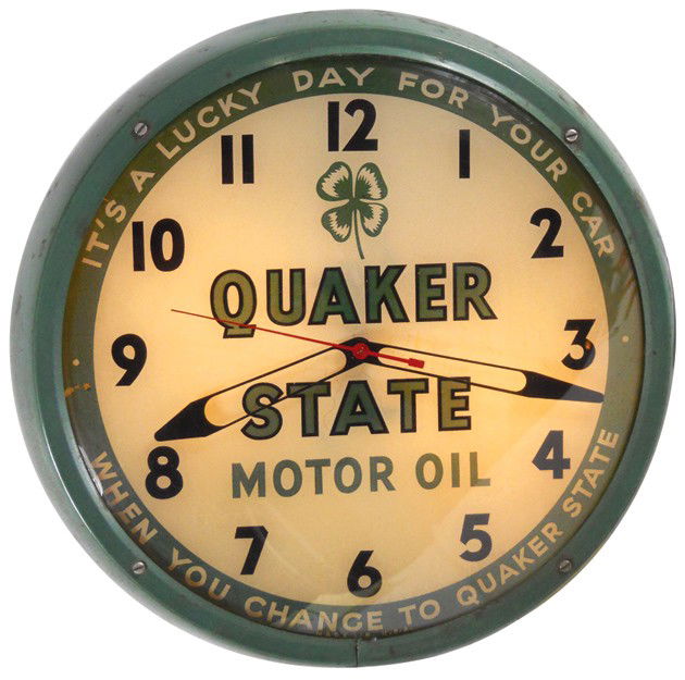 Quaker State Motor Oil light-up clock, "It's A Luc: Quaker State Motor Oil light-up clock, "It's A Lucky Day For Your Car When You Change To Quaker State", 4-leaf clover graphic, mfgd by Dualite, green metal case, Exc working cond, 17"Dia.