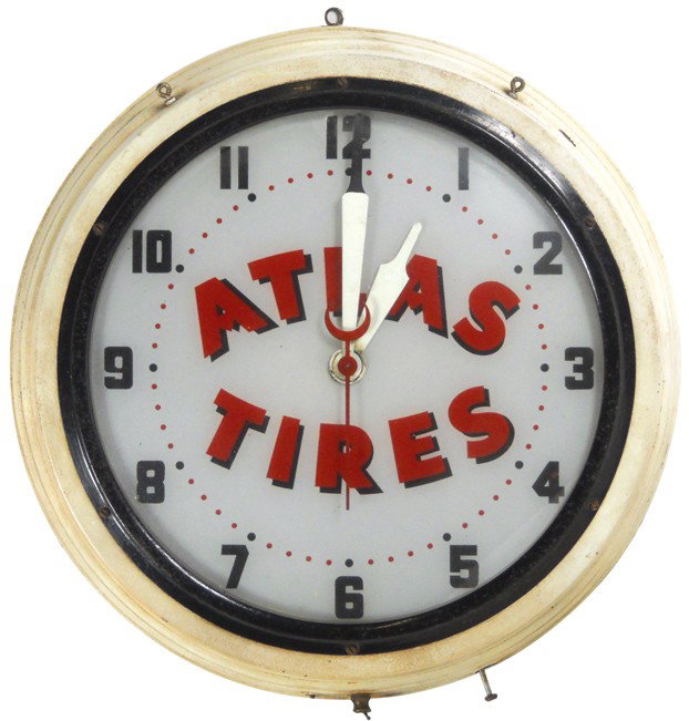Atlas Tires light-up clock, round metal case, VG w: Atlas Tires light-up clock, round metal case, VG working cond, 20"Dia.