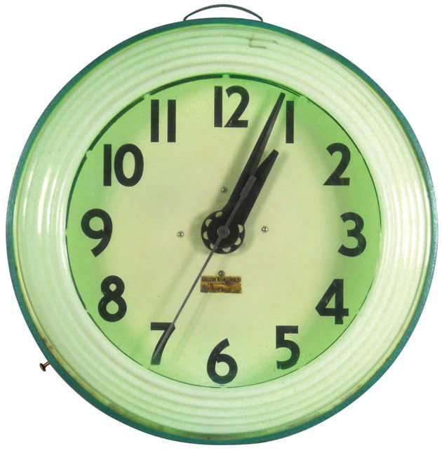 Mini Cleveland neon clock, mfgd by Electric Neon C: Mini Cleveland neon clock, mfgd by Electric Neon Clock Co.-Cleveland, aqua blue metal case, crowsfoot crack on top of ribbed plastic, o/wise Exc working cond, 20"Dia.