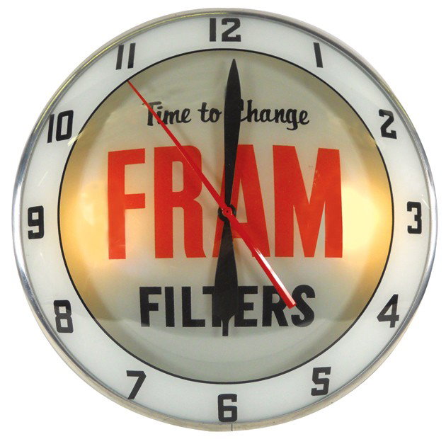 Fram Filters double-bubble light-up clock, Exc wor: Fram Filters double-bubble light-up clock, Exc working cond, 16"Dia.