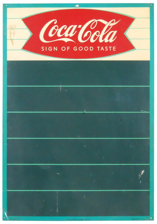 Coca-Cola menu board, litho on metal, Good cond w/: Coca-Cola menu board, litho on metal, Good cond w/some tape residue, 28"H x 19.5"W.