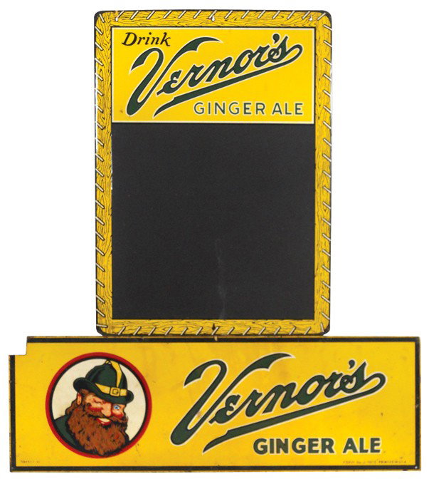 Vernor's Ginger Ale sign & menu board, heavy metal: Vernor's Ginger Ale sign & menu board, heavy metal sign has notch cut from LH corner, metal menu board in VG cond, 10"H x 30"W & 23"H x 17"W.