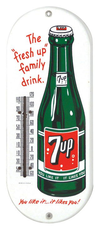 7up porcelain thermometer, mfgd in Canada by P&M,: 7up porcelain thermometer, mfgd in Canada by P&M, Exc new old stock cond, 15"H x 6"W.