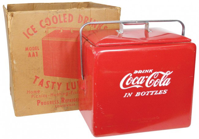 Coca-Cola picnic cooler w/interior tray in orig bo: Coca-Cola picnic cooler w/interior tray in orig box, from Progress Refrigerator Co.-Louisville, KY, cooler lid dent & one corner dent, o/wise VG+ orig cond, c.1950's, 19"H x 19"W.