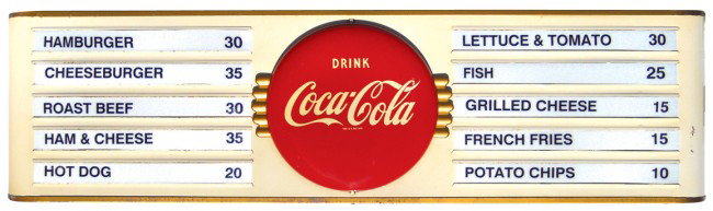 Coca-Cola menu board w/menu strips, metal w/Drink : Coca-Cola menu board w/menu strips, metal w/Drink Coca-Cola button, VG/Exc cond, 14"H x 51.5"W.