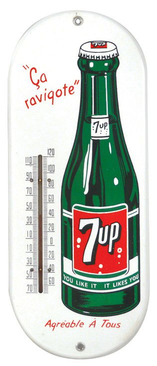 7up porcelain thermometer, French, mfgd in Canada: 7up porcelain thermometer, French, mfgd in Canada by P&M, Exc new old stock cond, 15"H x 6"W.