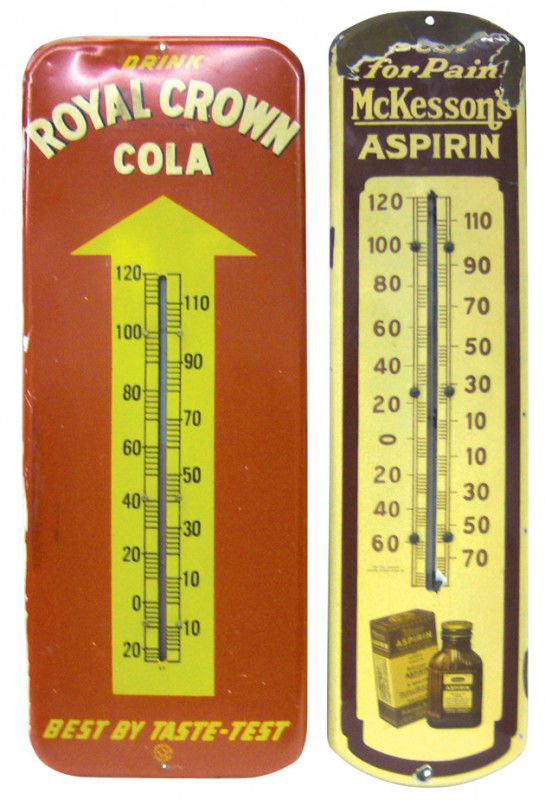 RC Cola litho on metal thermometer & McKessons por: RC Cola litho on metal thermometer & McKessons porcelain thermometer, both in Good cond w/chips, 26"H x 10"W & 27"H x 7"W.