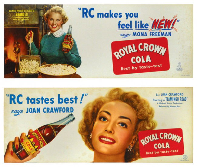 Royal Crown Cola movie star cdbd trolley signs (2): Royal Crown Cola movie star cdbd trolley signs (2), RC tastes best w/Joan Crawford & RC makes you feel like new w/Mona Freeman, c.1950's, both new old stock in VG+ cond w/some light foxing, 11"H x 28"