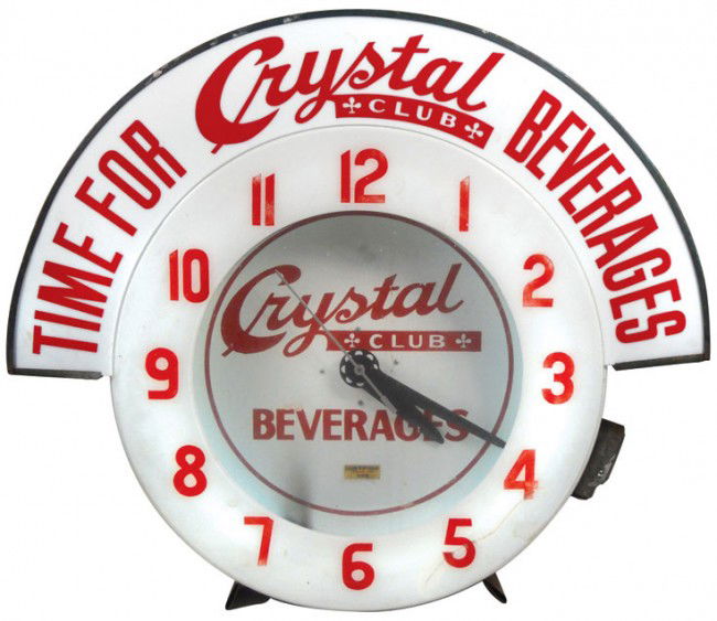 Crystal Club Beverages Cleveland neon clock w/Crys: Crystal Club Beverages Cleveland neon clock w/Crystal Club Beverages marquee, Exc working cond. 6" long crack on front bubble, small hole in face. 34"W at marquee.
