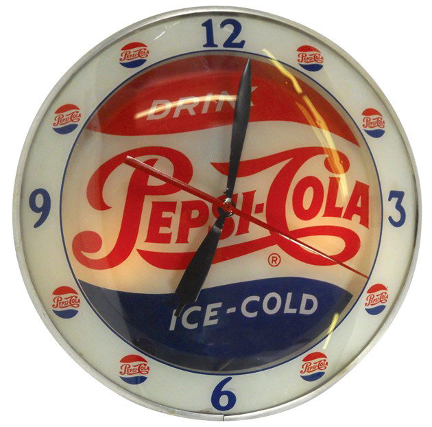Pepsi-Cola double-bubble light-up clock, mfgd by A: Pepsi-Cola double-bubble light-up clock, mfgd by Adv. Products, Inc., Exc working cond, 15"Dia.