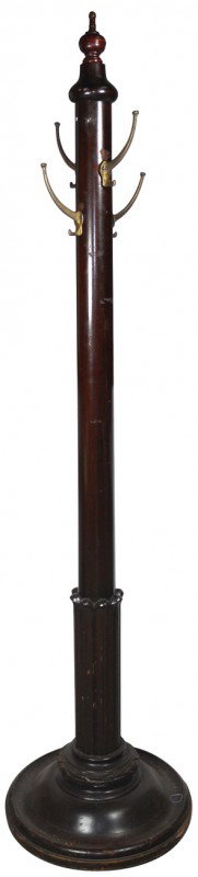 Coat & hat rack, walnut finish w/fancy pedestal ba: Coat & hat rack, walnut finish w/fancy pedestal base, VG cond, 74"H.