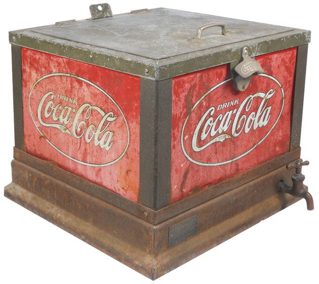 Coca-Cola Glascock cooler, embossed metal panels o: Coca-Cola Glascock cooler, embossed metal panels on all sides, has orig metal maker's tag, overall Good cond, 14"H x 18.5"Sq.
